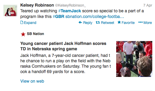 Young cancer patient who scored touchdown for Nebraska Huskers is